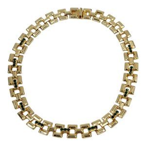 Vintage Flat Chain LInk Green Rhinestone Necklace
